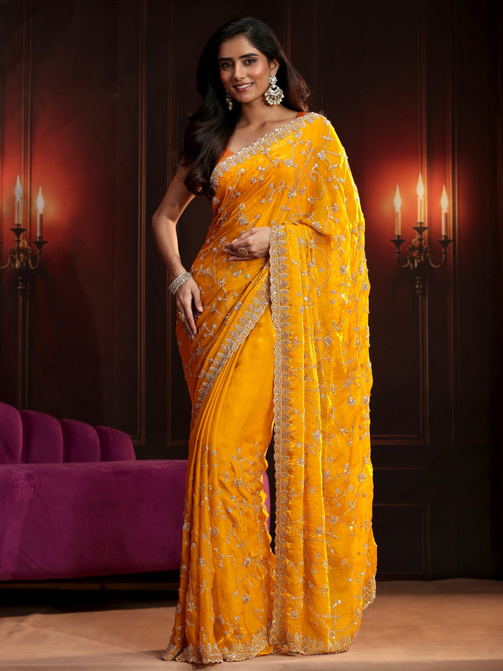Libas Art Mustard Floral Embellished Tissue Saree