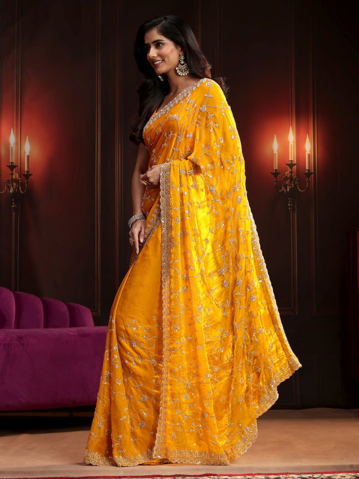 Libas Art Mustard Floral Embellished Tissue Saree