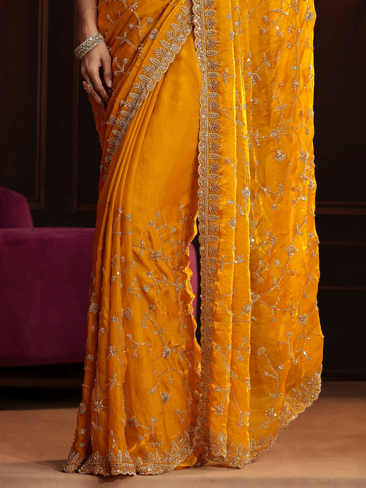 Libas Art Mustard Floral Embellished Tissue Saree