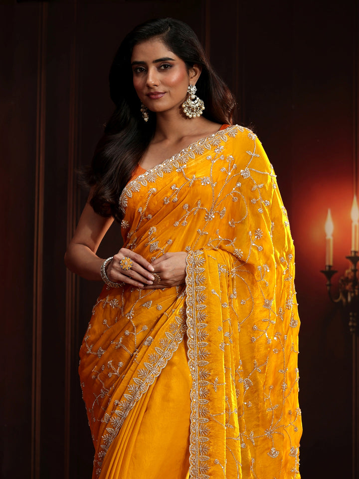 Libas Art Mustard Floral Embellished Tissue Saree