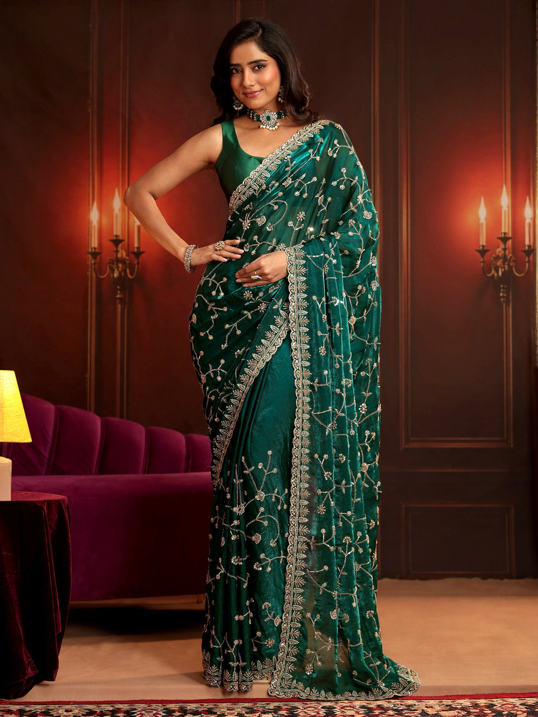 Libas Art Teal Green Floral Embellished Tissue Saree