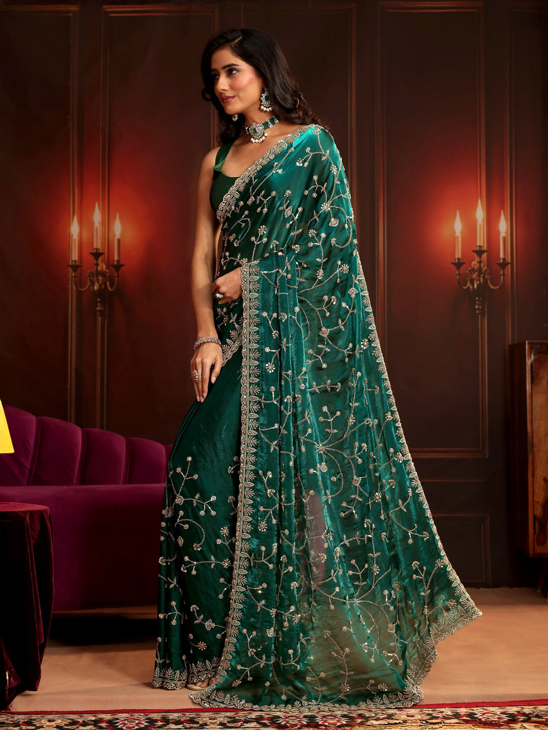 Libas Art Teal Green Floral Embellished Tissue Saree