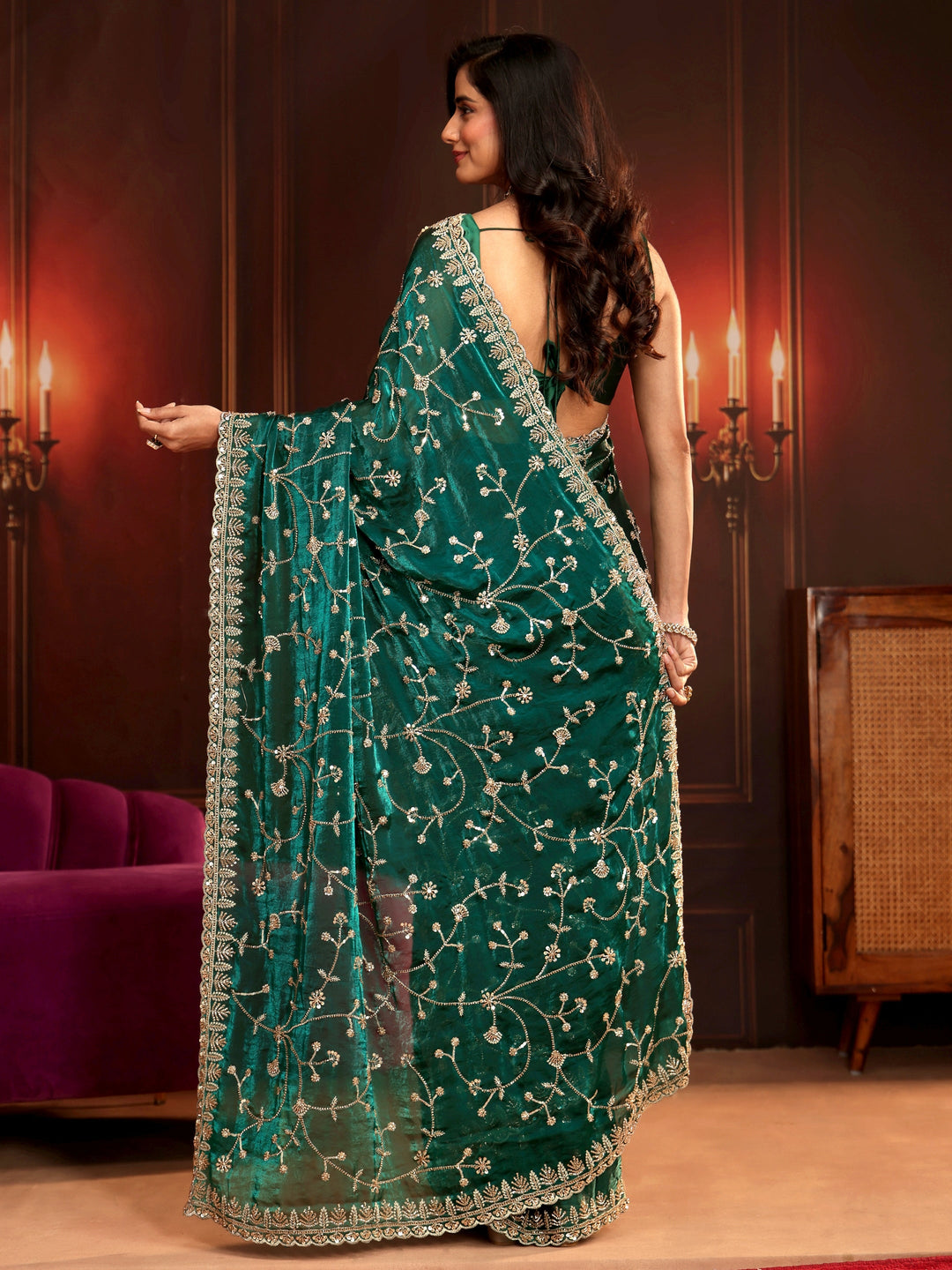 Libas Art Teal Green Floral Embellished Tissue Saree