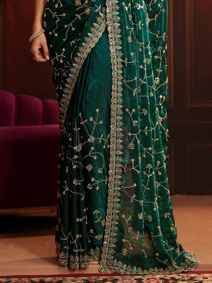 Libas Art Teal Green Floral Embellished Tissue Saree