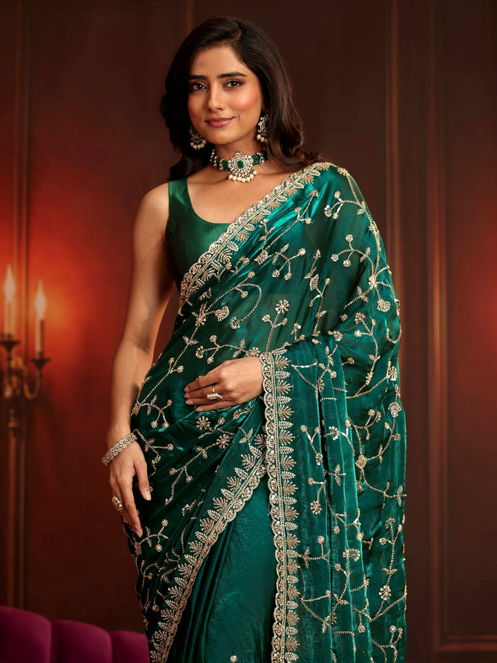 Libas Art Teal Green Floral Embellished Tissue Saree