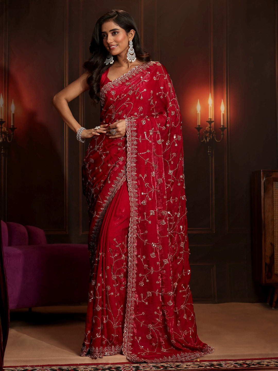 Libas Art Crimson Red Floral Embellished Tissue Saree