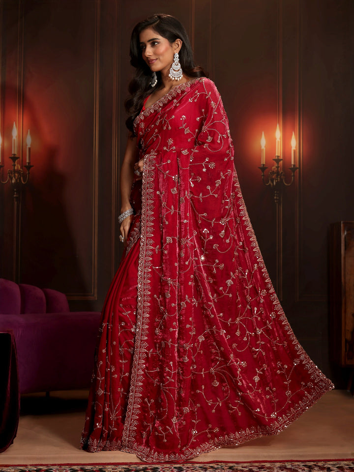 Libas Art Crimson Red Floral Embellished Tissue Saree