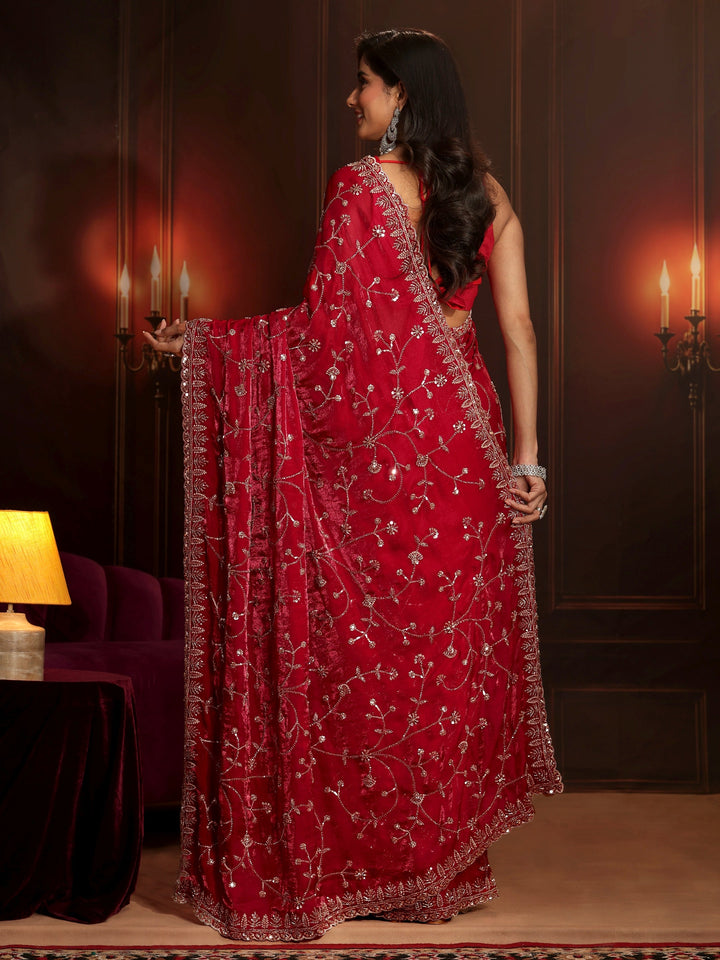Libas Art Crimson Red Floral Embellished Tissue Saree