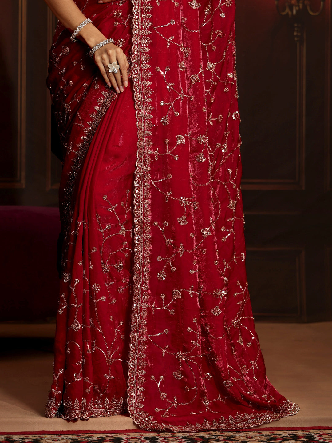 Libas Art Crimson Red Floral Embellished Tissue Saree