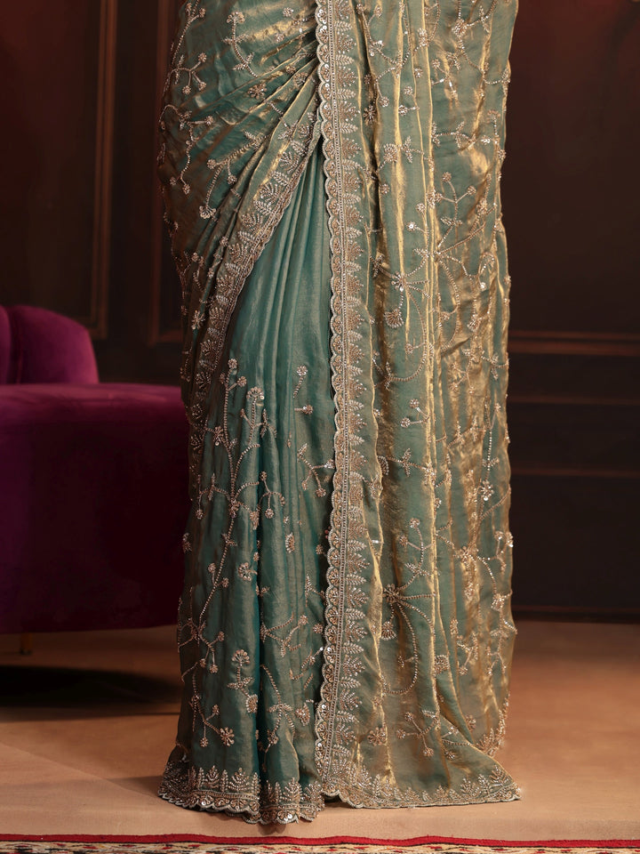 Libas Art Dusty Sea Green Floral Embellished Tissue Saree