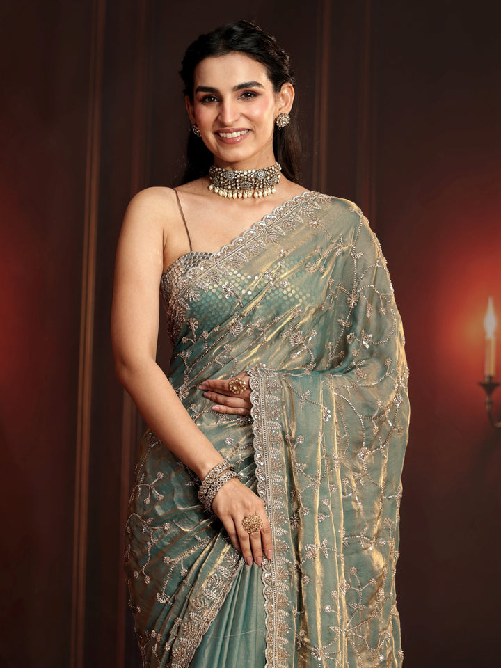 Libas Art Dusty Sea Green Floral Embellished Tissue Saree