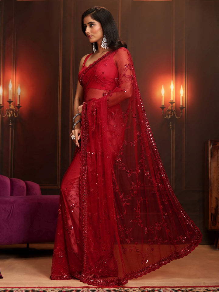 Libas Art Ruby Red Floral Embellished Net Saree