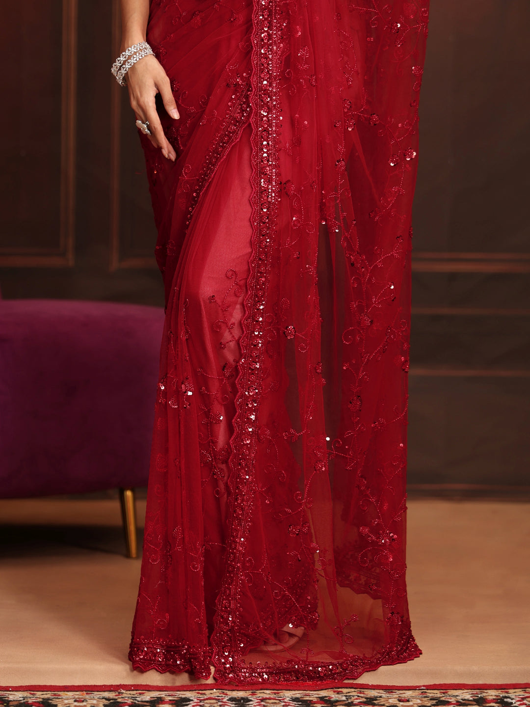 Libas Art Ruby Red Floral Embellished Net Saree