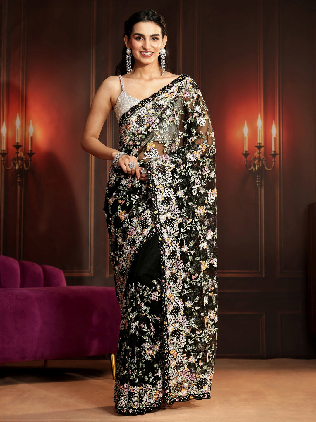 Libas Art Black Floral Embroidered Net Saree