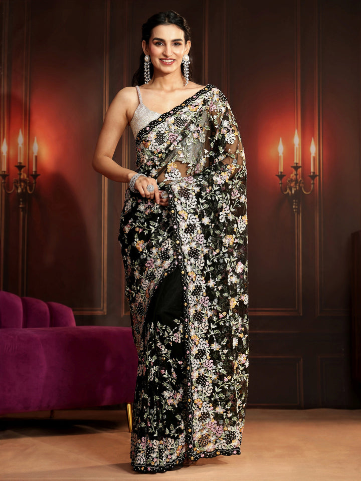 Libas Art Black Floral Embroidered Net Saree