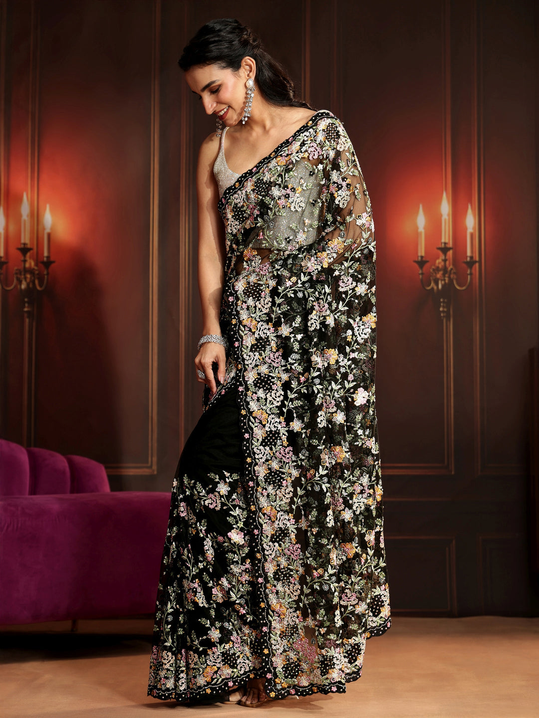 Libas Art Black Floral Embroidered Net Saree