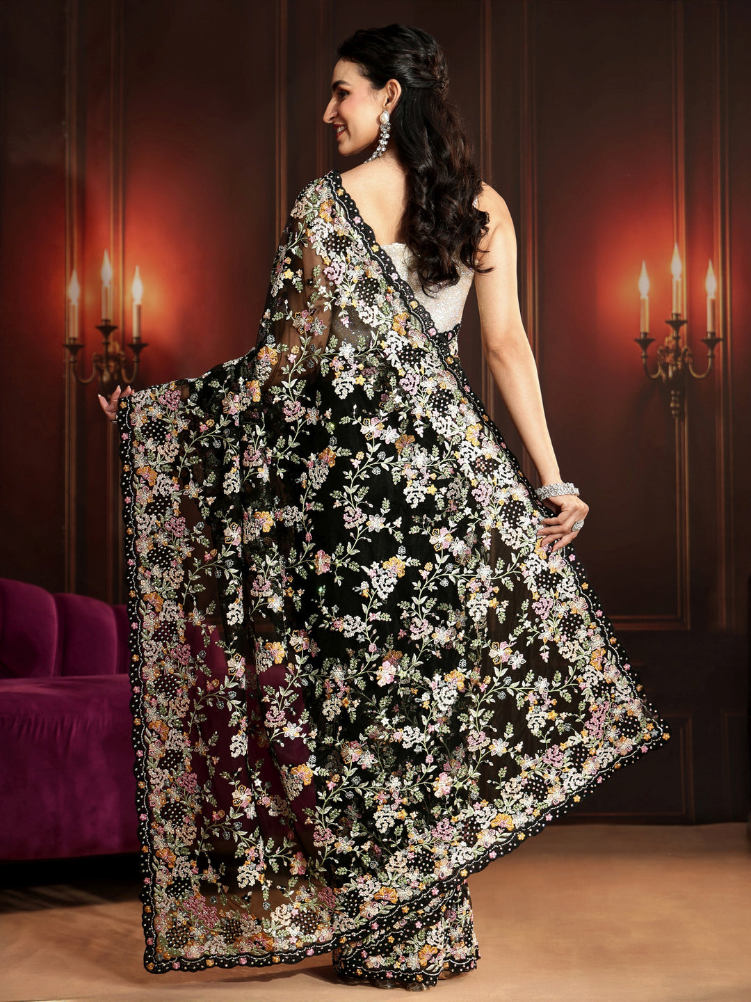 Libas Art Black Floral Embroidered Net Saree