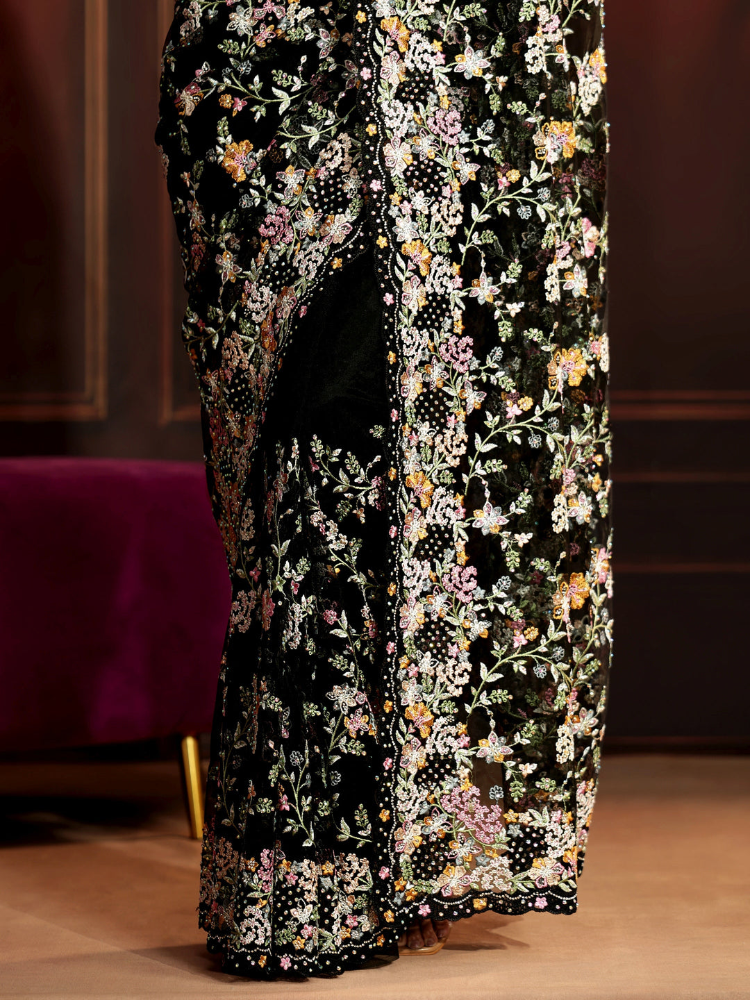 Libas Art Black Floral Embroidered Net Saree
