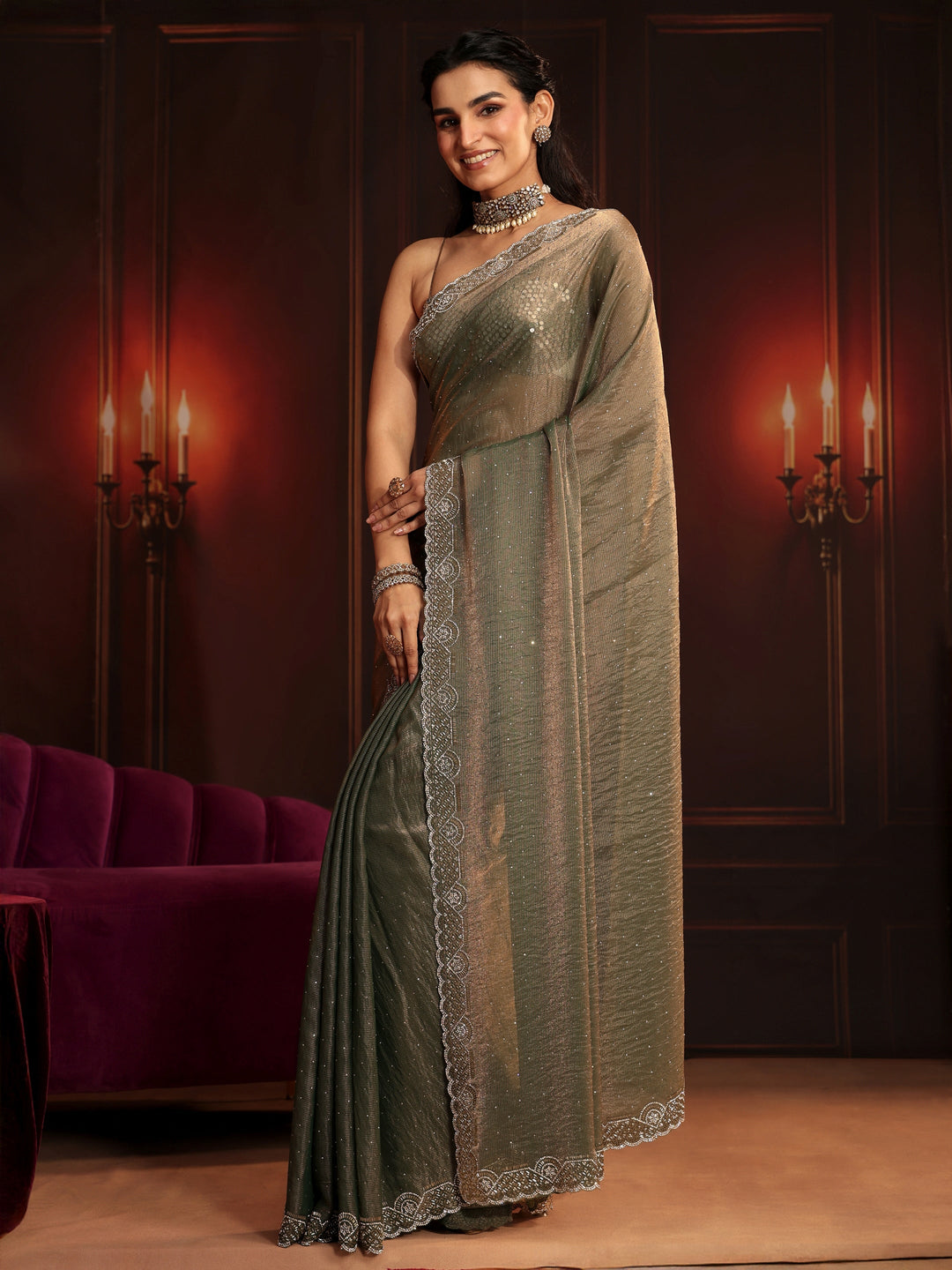 Libas Art Dusty Olive Green Embellished Tissue Saree