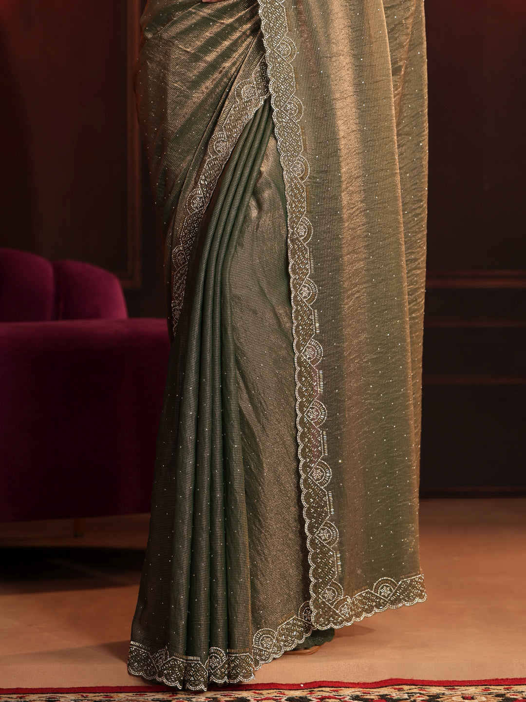 Libas Art Dusty Olive Green Embellished Tissue Saree