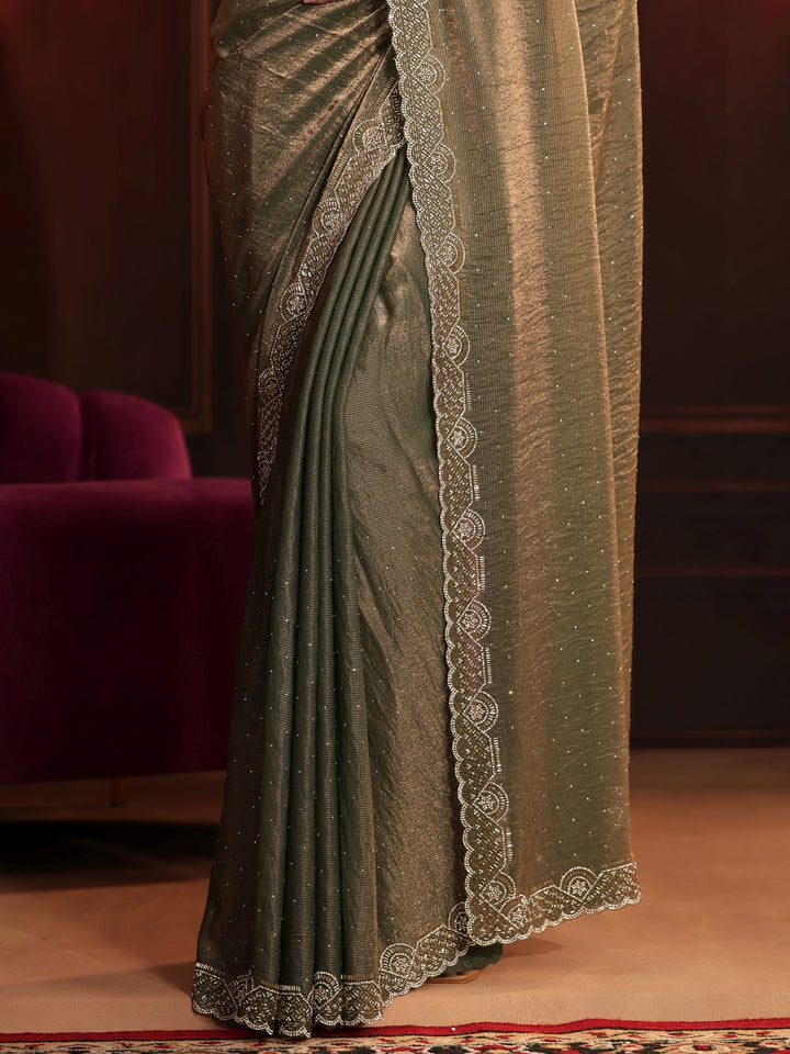 Libas Art Dusty Olive Green Embellished Tissue Saree