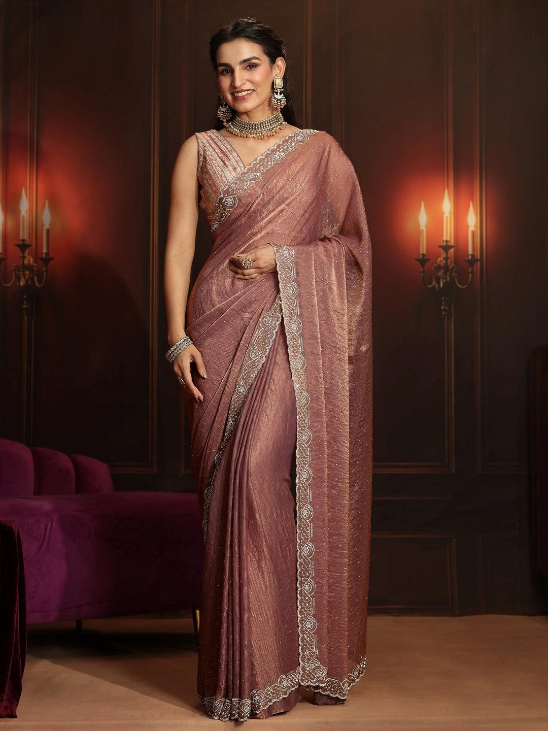 Libas Art Mauve Embellished Tissue Saree