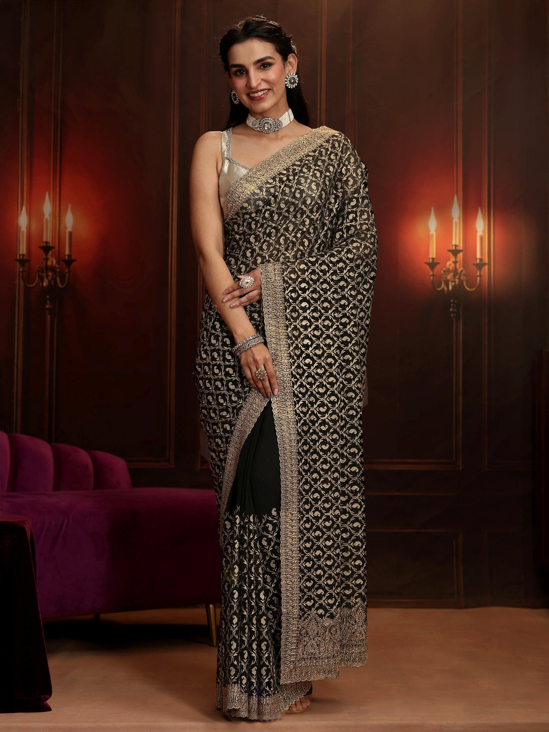 Libas Art Black Embroidered Georgette Saree
