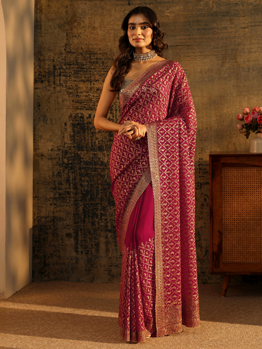 Libas Art Magenta Pink Embroidered Georgette Saree