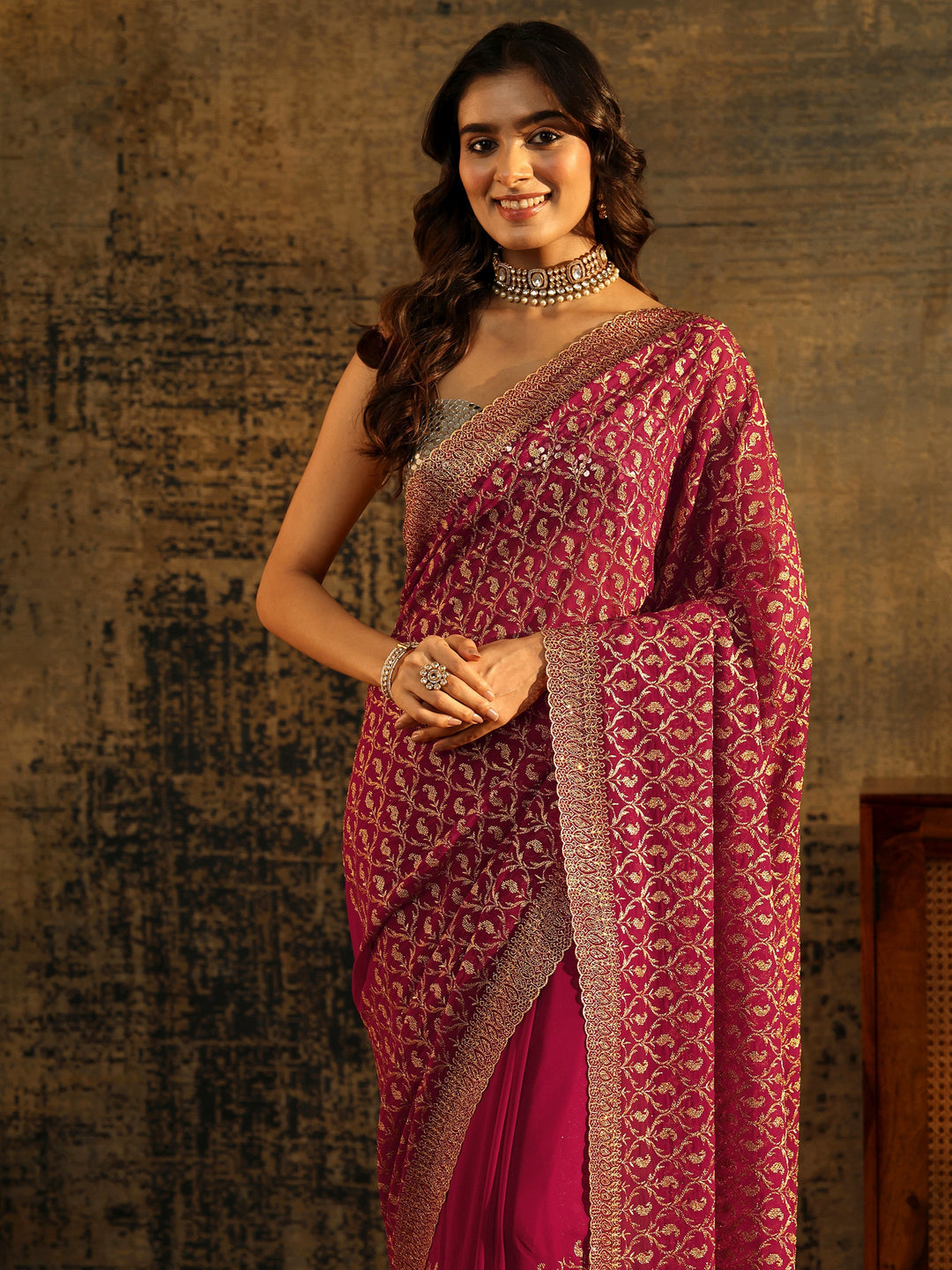 Libas Art Magenta Pink Embroidered Georgette Saree