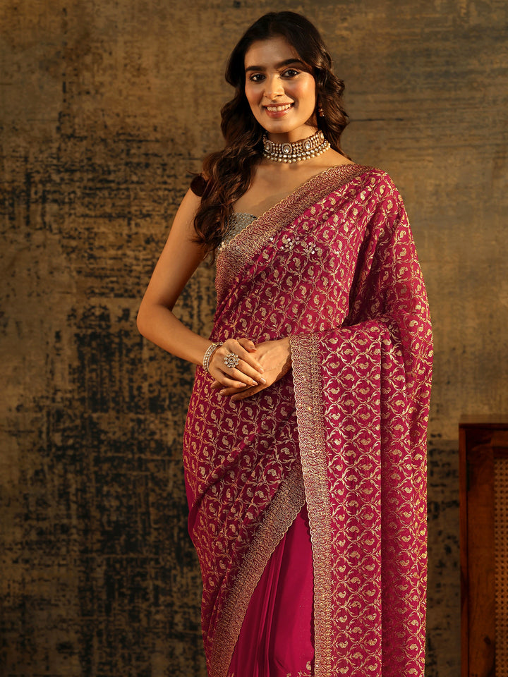 Libas Art Magenta Pink Embroidered Georgette Saree