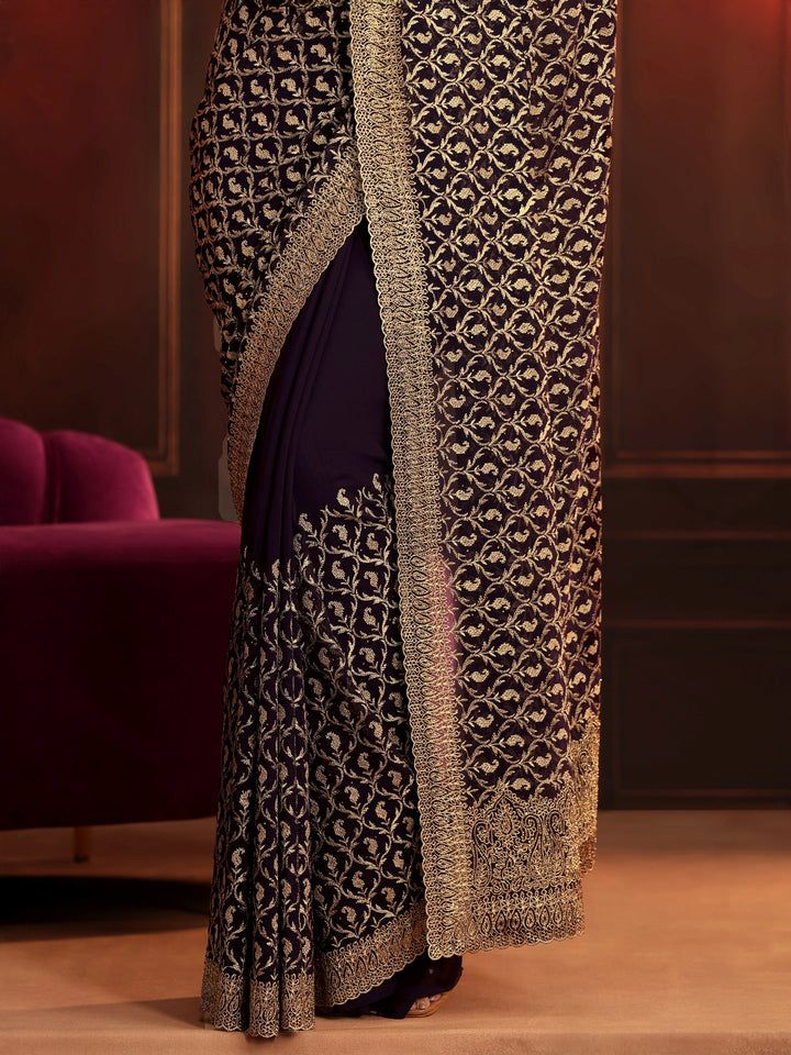 Libas Art Aubergine Purple Embroidered Georgette Saree