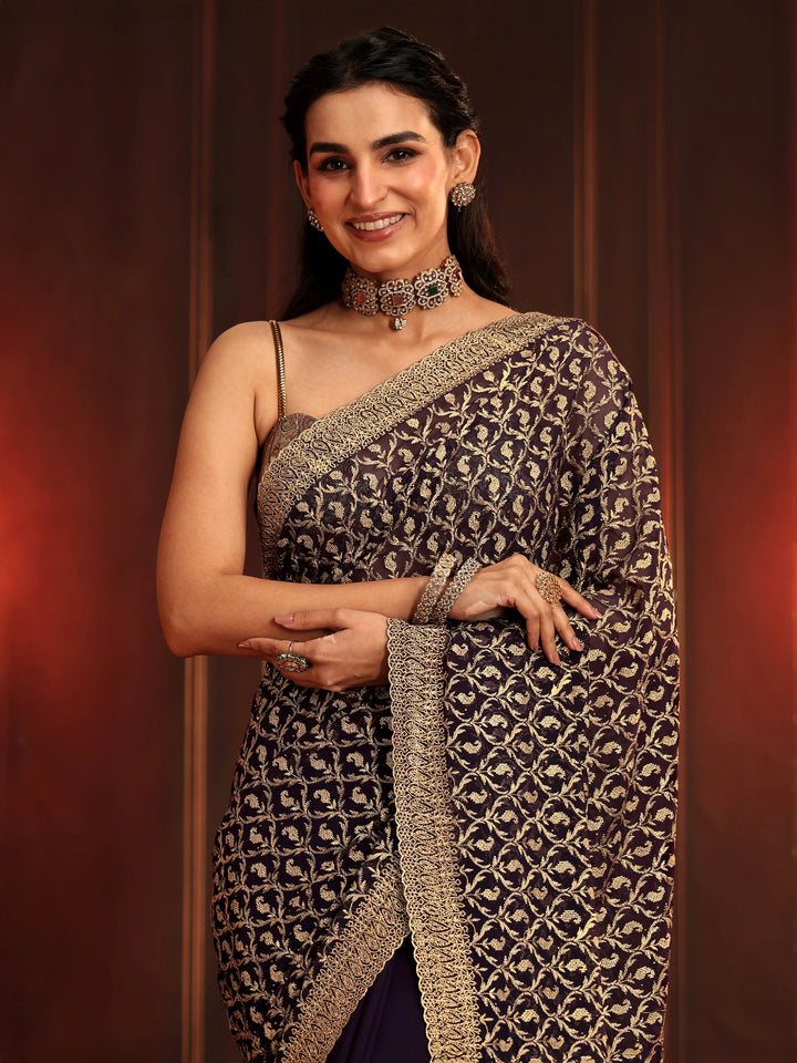 Libas Art Aubergine Purple Embroidered Georgette Saree
