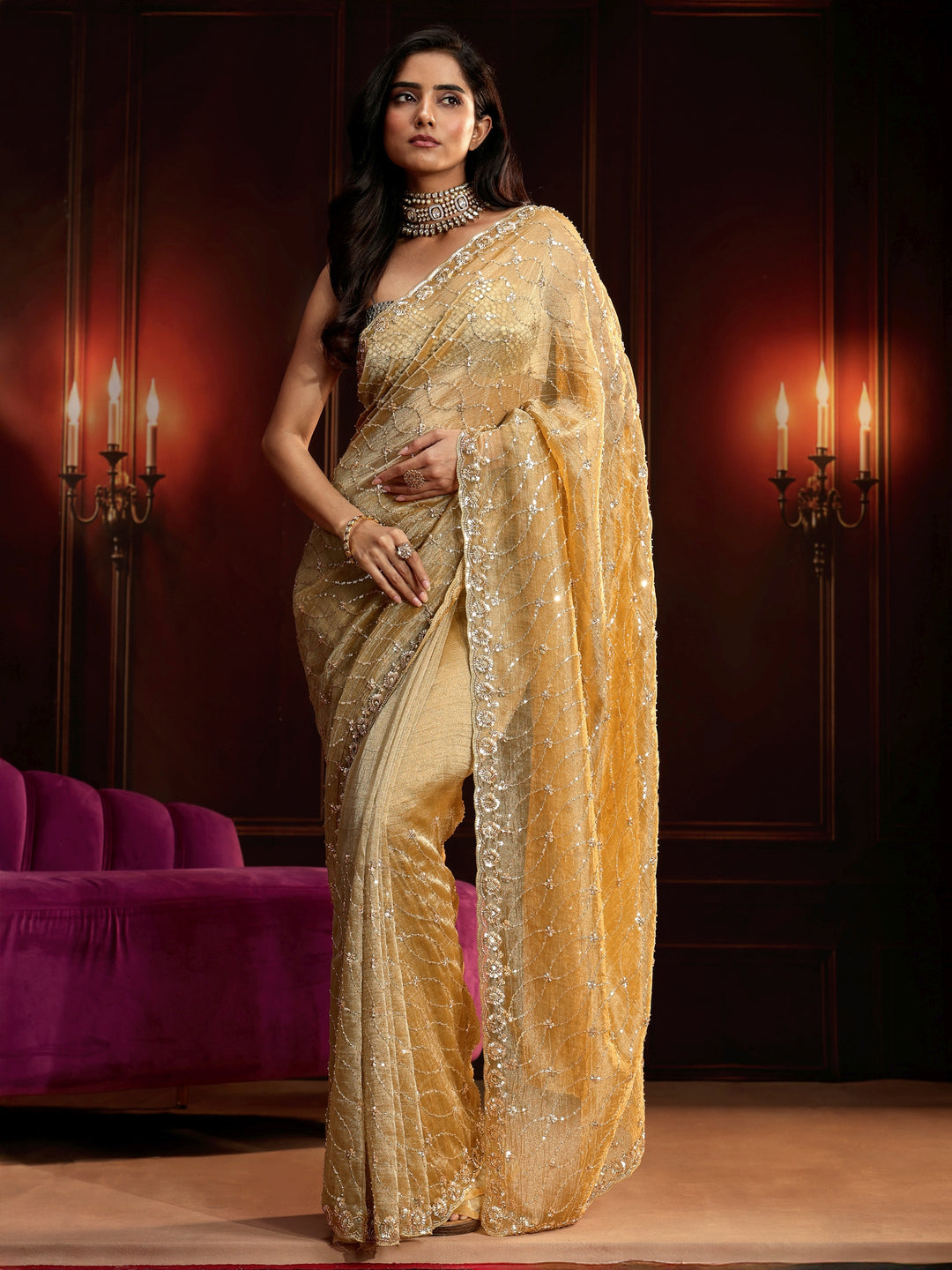 Libas Art Golden Sequin Embellished Net Saree