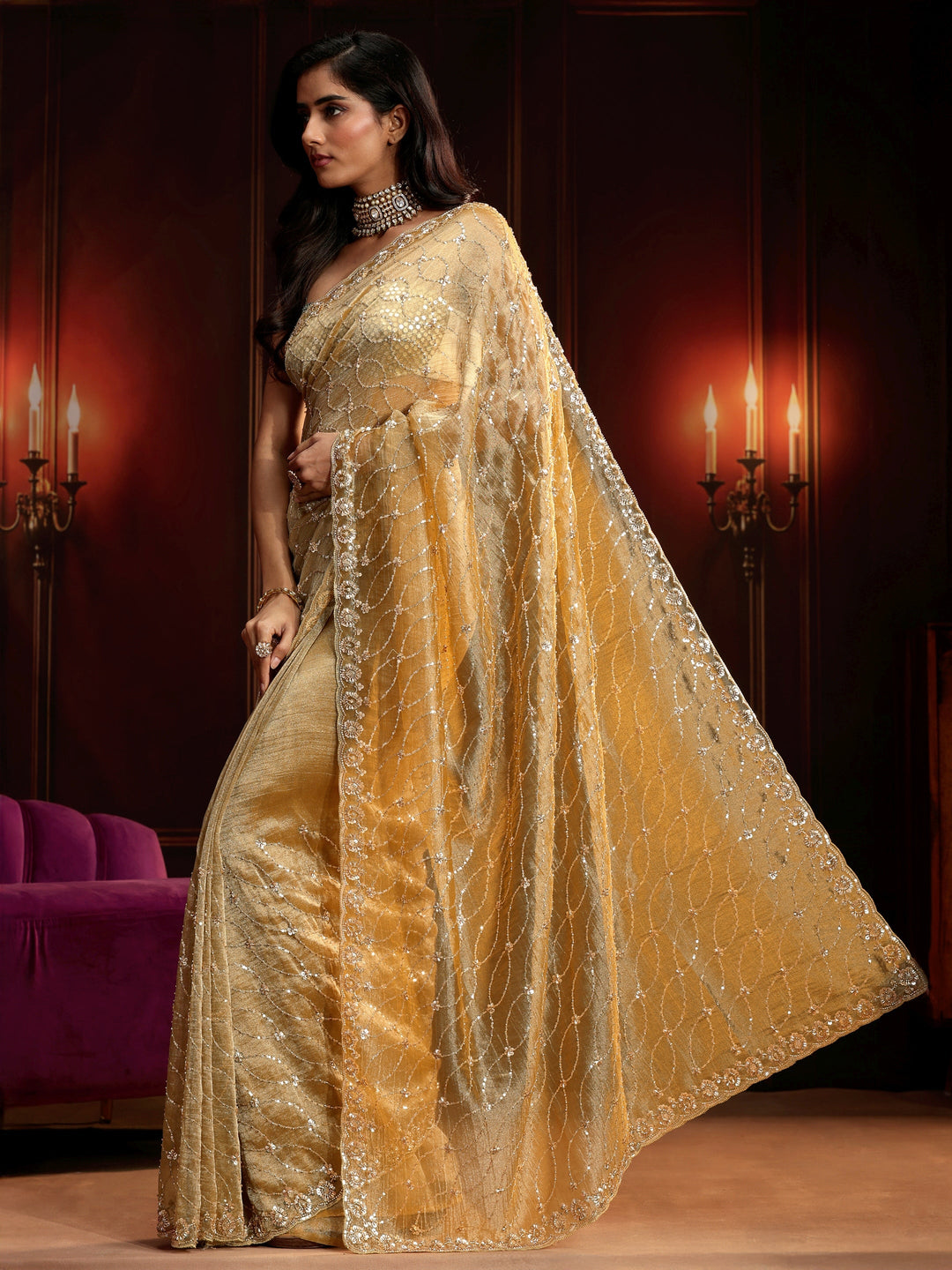 Libas Art Golden Sequin Embellished Net Saree