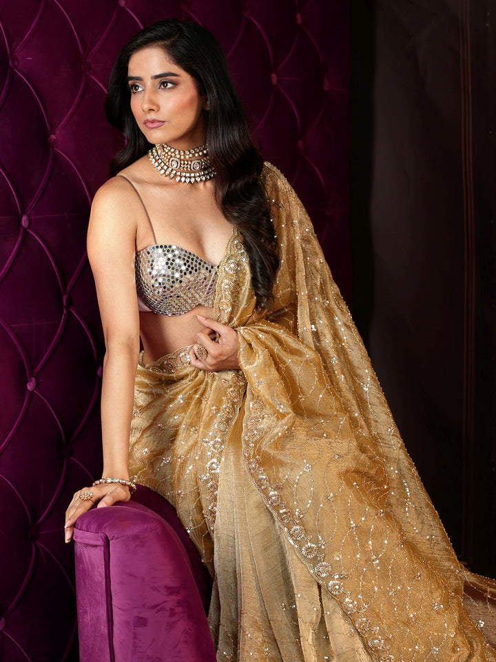 Libas Art Golden Sequin Embellished Net Saree