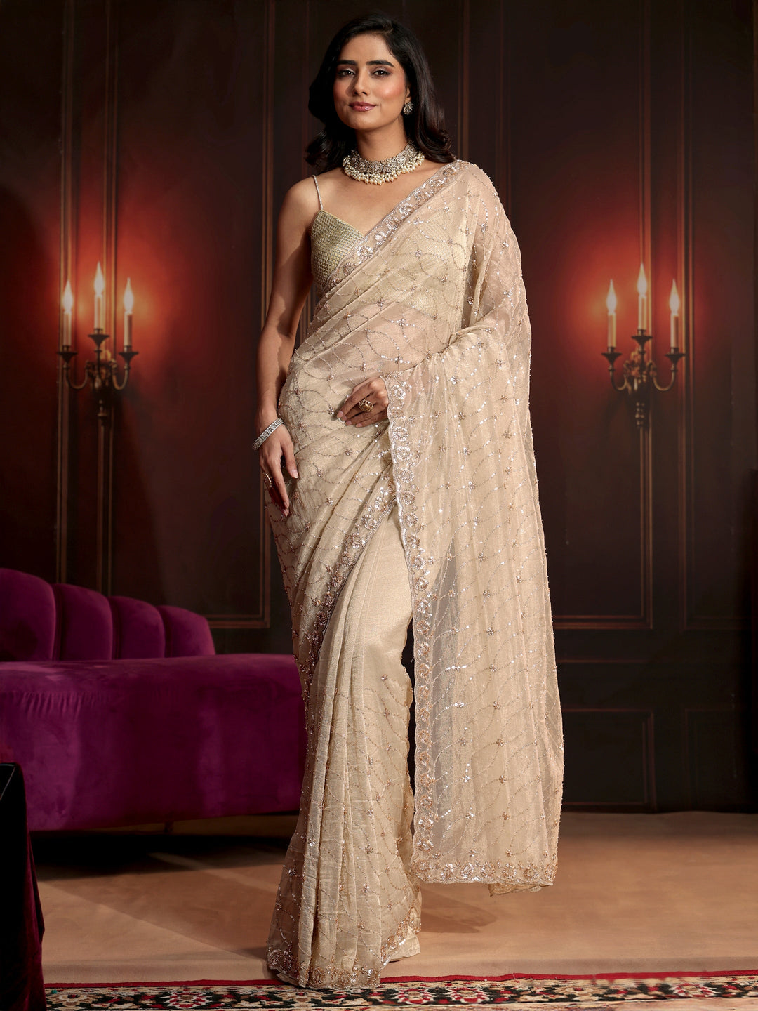 Libas Art Cream Sequin Embellished Net Saree