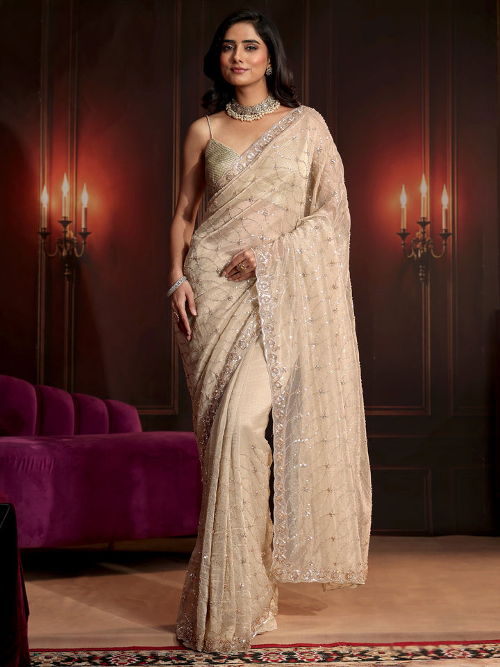 Libas Art Cream Sequin Embellished Net Saree