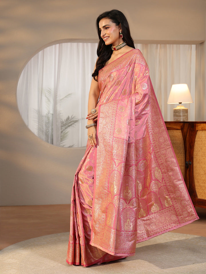 Libas Rose Pink Banarasi Satin Saree