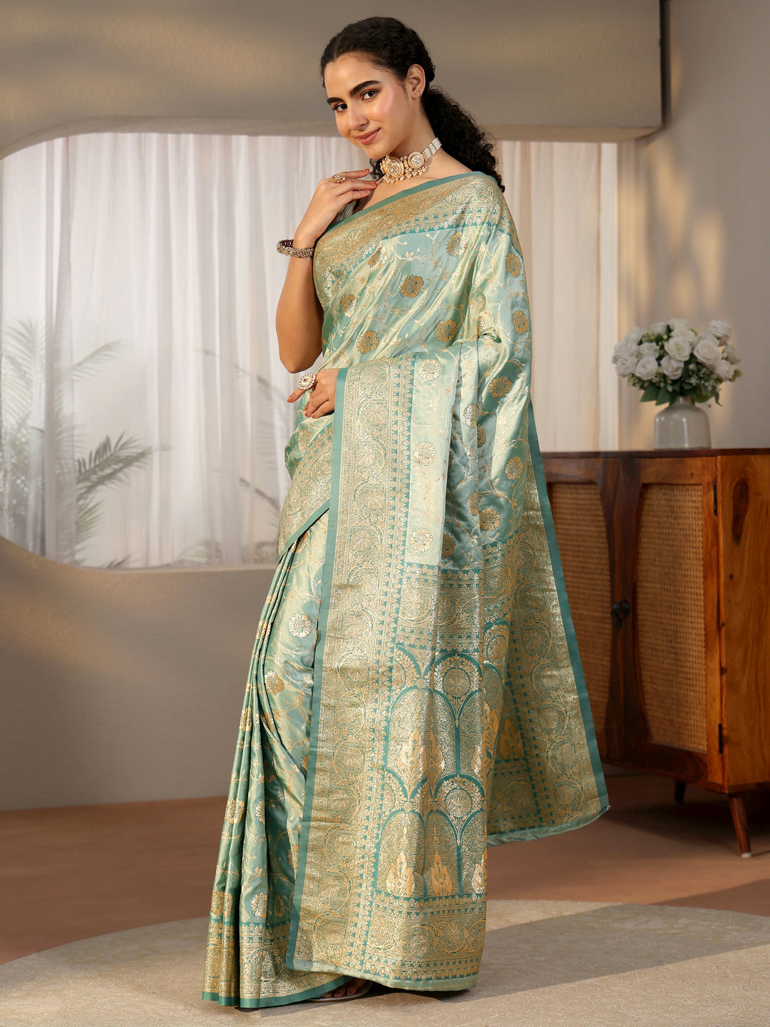 Libas Sea Green Banarasi Satin Saree