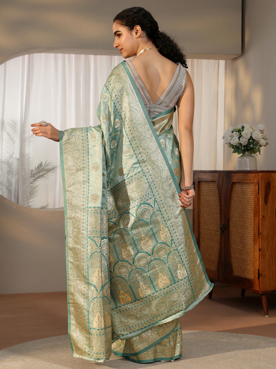 Libas Sea Green Banarasi Satin Saree