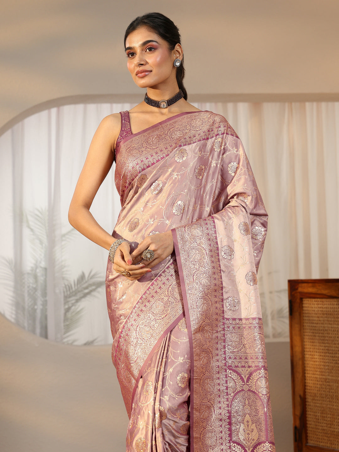 Libas Dusty Lilac Banarasi Satin Saree