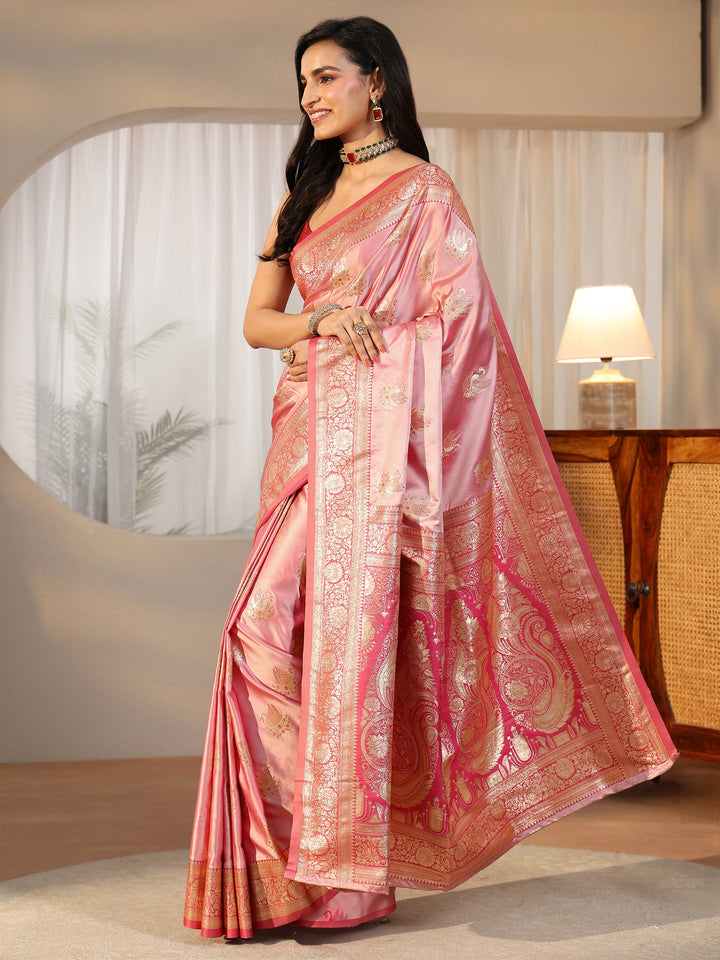 Libas Rose Pink Banarasi Satin Saree