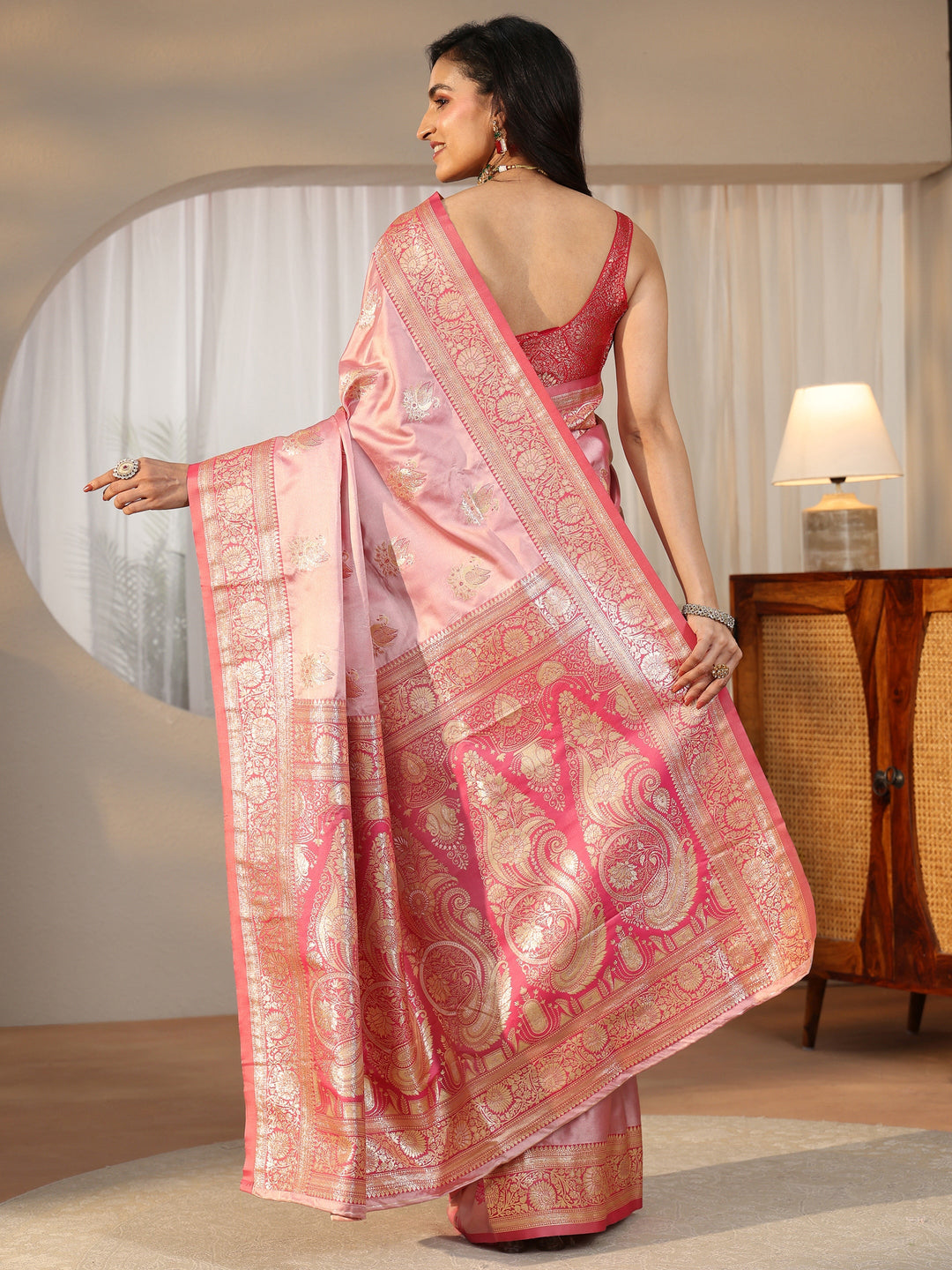 Libas Rose Pink Banarasi Satin Saree