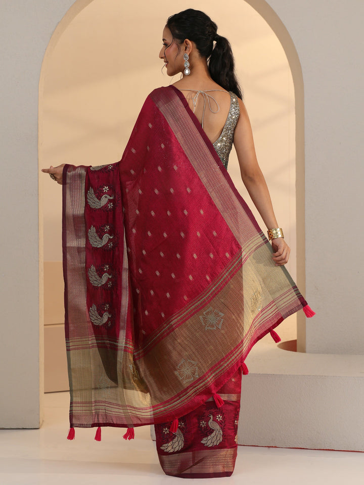 Libas Cranberry Pink Peacock Motif Chanderi Silk Saree