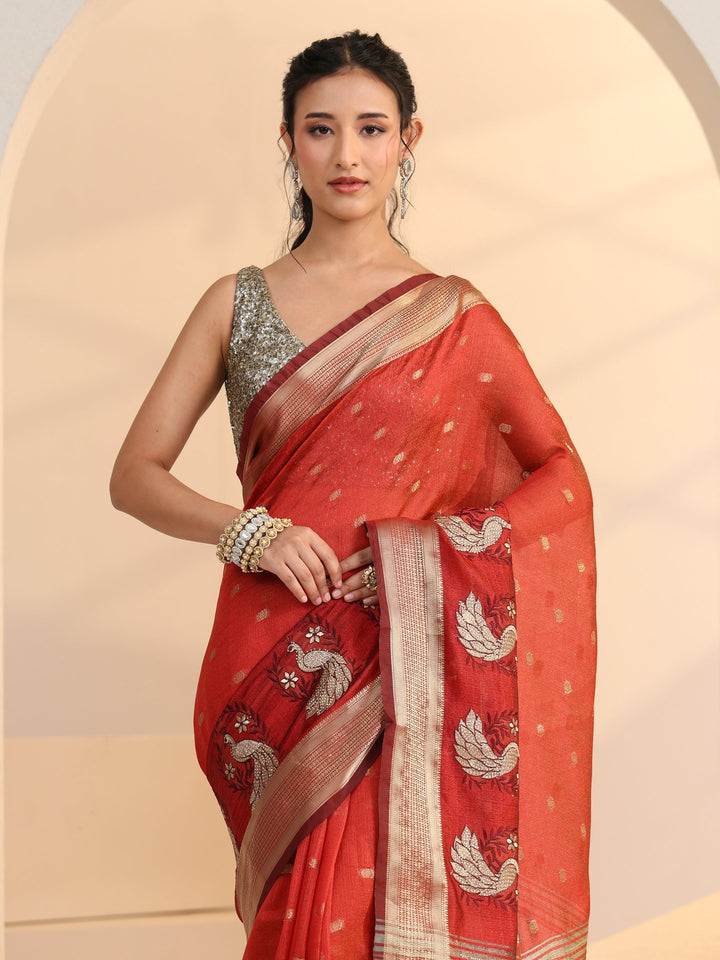 Libas Terracotta Red Peacock Motif Chanderi Silk Saree