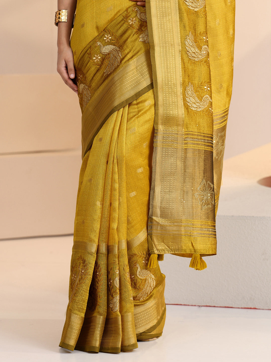 Libas Henna Green Peacock Motif Chanderi Silk Saree