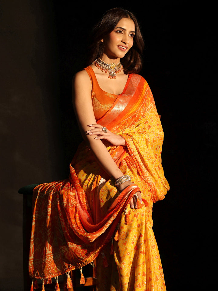 Libas Mustard Patola Printed Chanderi Silk Saree