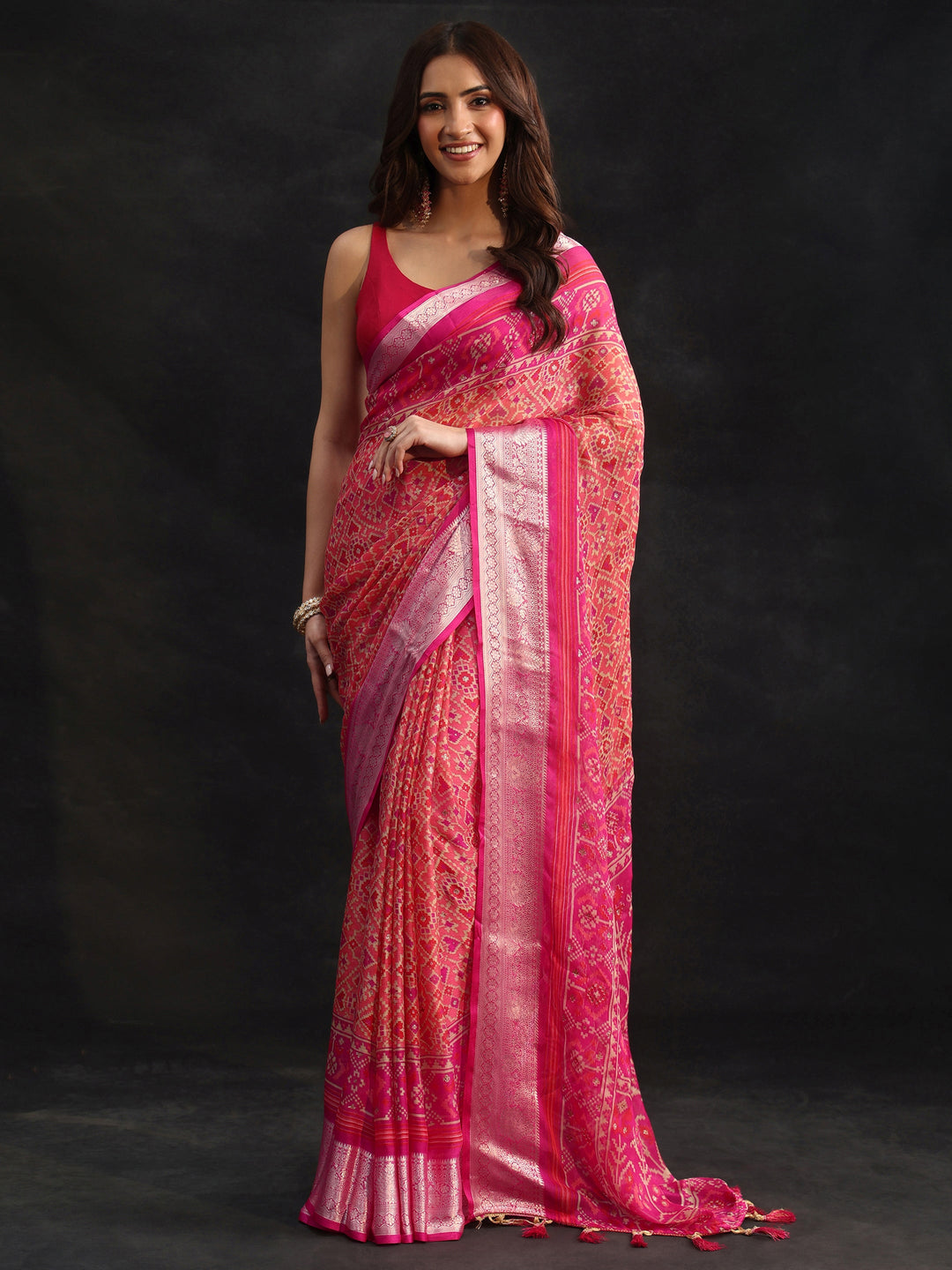 Libas Rani Pink Patola Printed Chiffon Saree