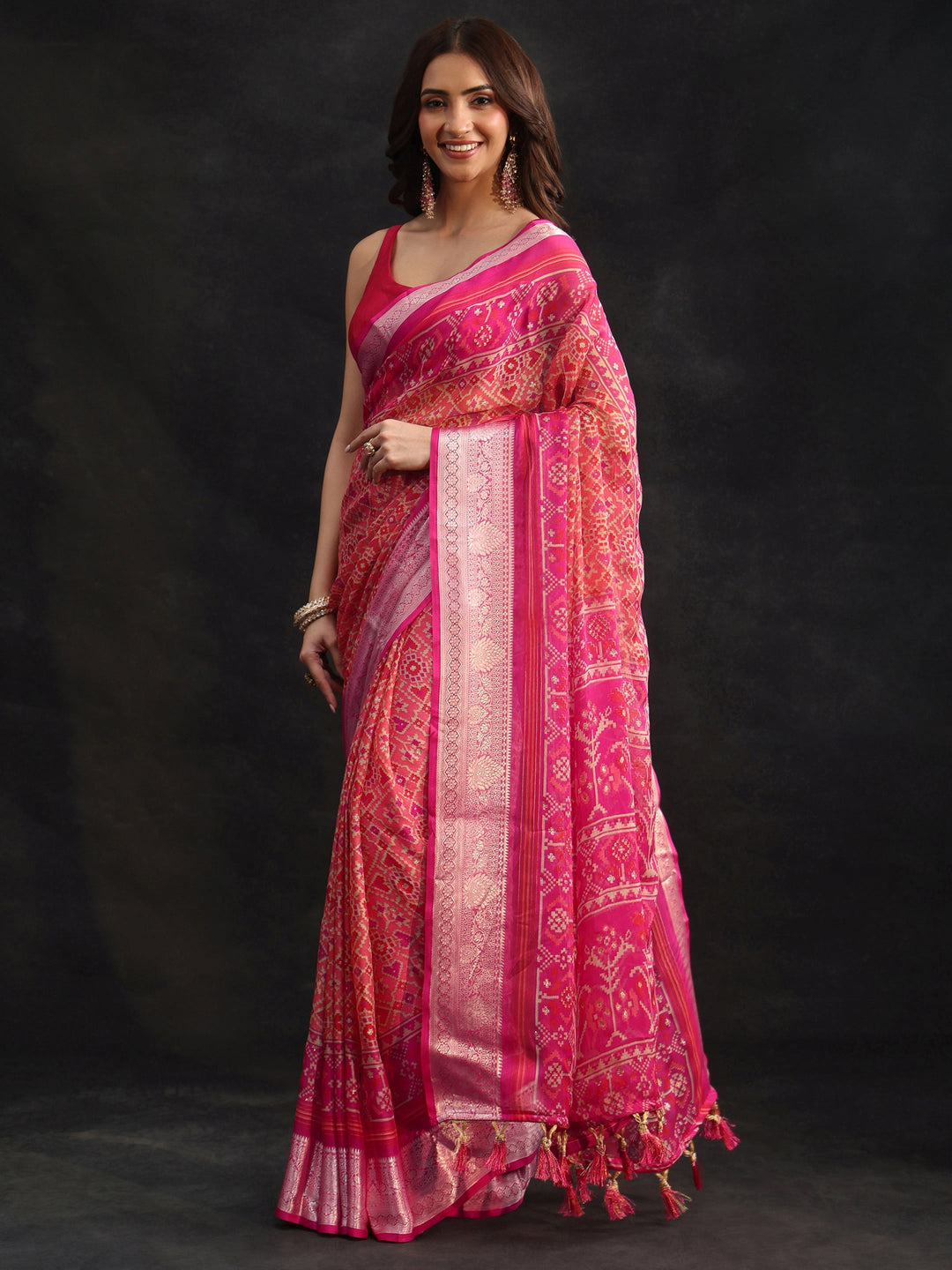 Libas Rani Pink Patola Printed Chiffon Saree