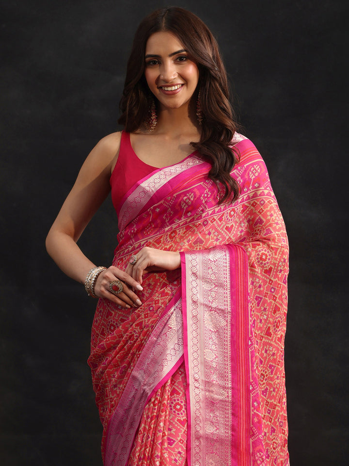 Libas Rani Pink Patola Printed Chiffon Saree